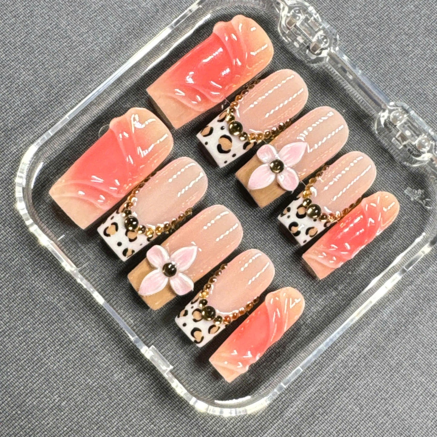 Wild Bloom Press On Nails β Leopard Print, 3D Flowers and Gold Chain Accents | Gift for Her