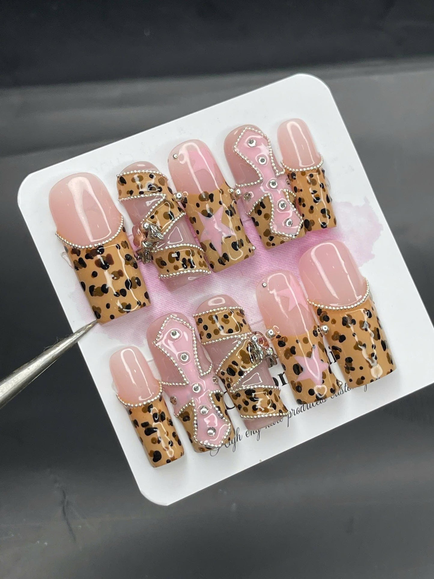 Leopard Chic Glam Press On Nails β Pink n Nude Set with 3D Silver Rhinestones & Star Detail β Nails for Parties, Night Out or Gift for Her