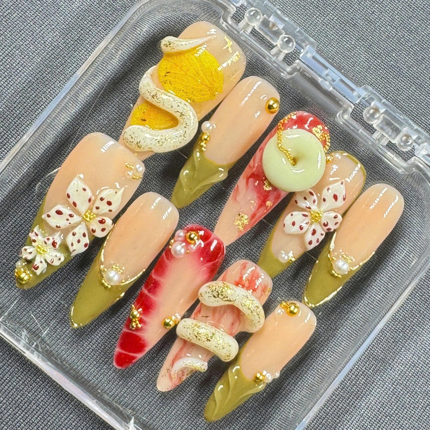 Golden Garden Press On Nails β Olive Green French, 3D Flowers & Sculpted Charms | Gift for Her