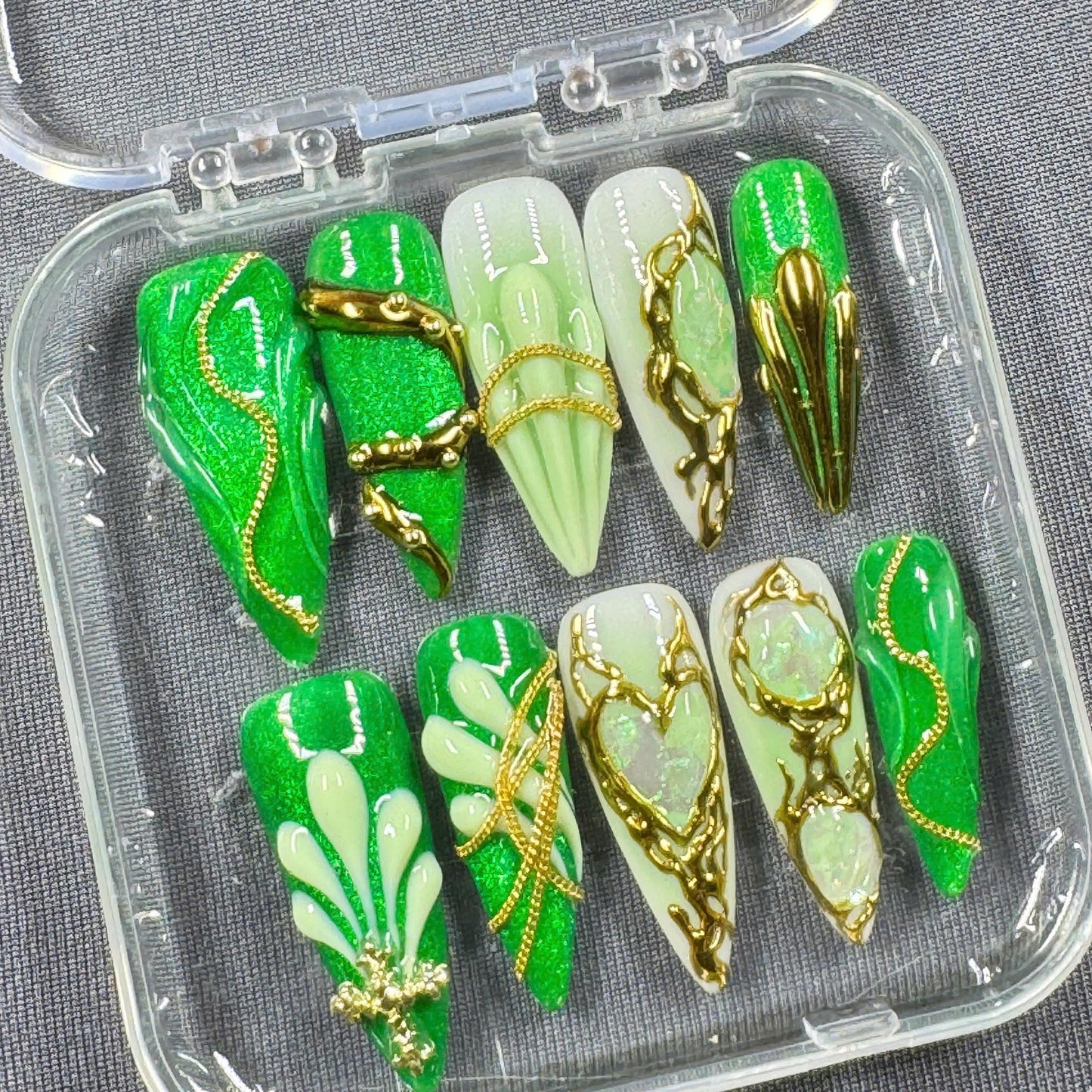 Emerald Glaze Press On Nails β Green Sparkle with Opal Stones and Gold Chains | Gift for Her