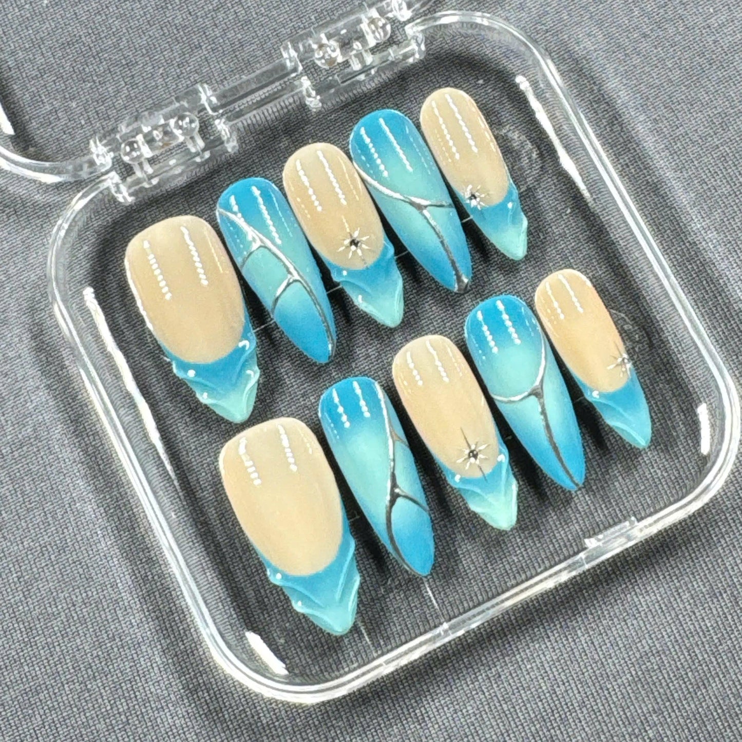 Ocean Mirage Press On Nails β Turquoise Gradient with Silver Lines and Star Charms | Gift for Her