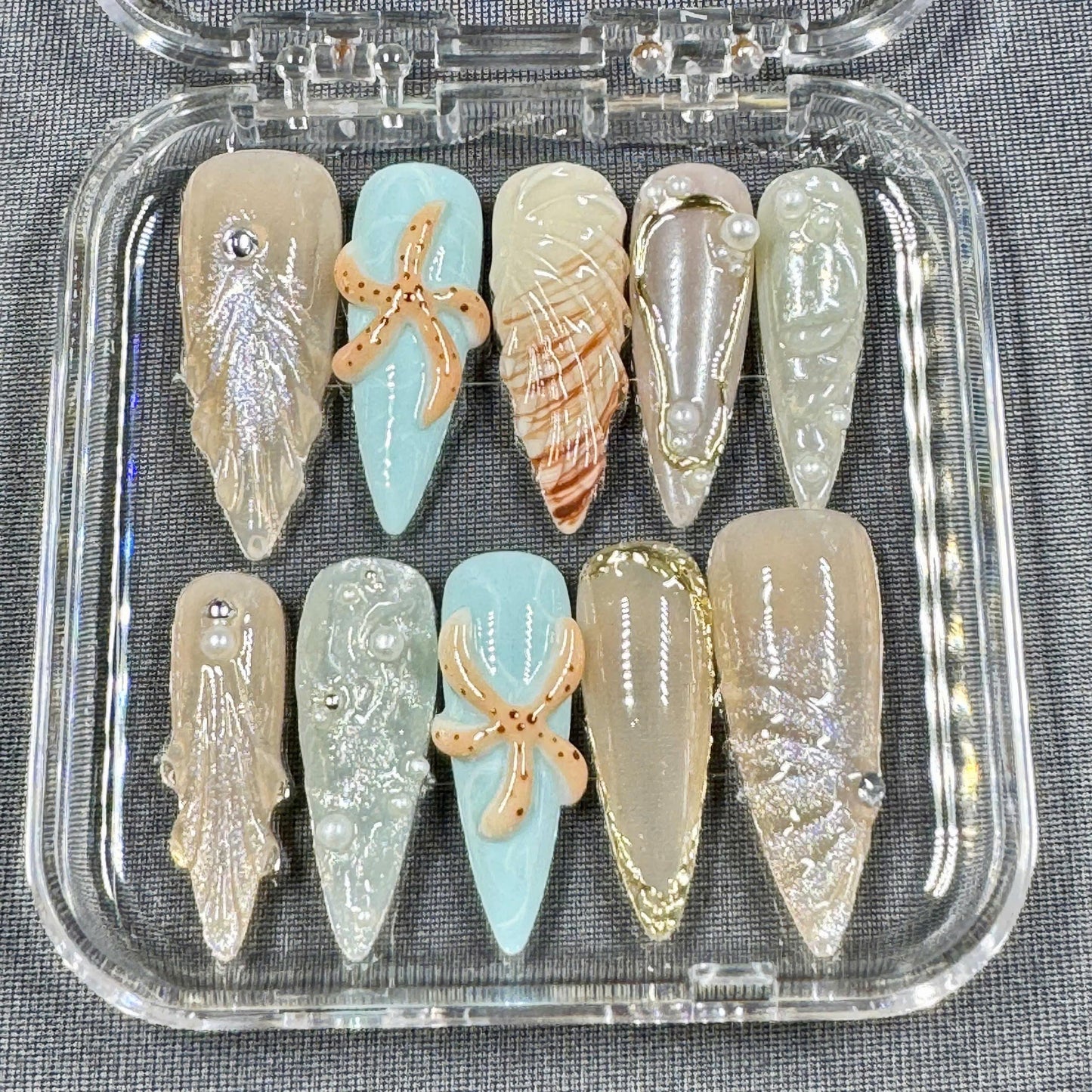 Seashell Dreams Press-On Nails – 3D Starfish, Pearls and Ocean Textures in Nude & Aqua | Handmade Nails for Beach Trips or Summer Vibes