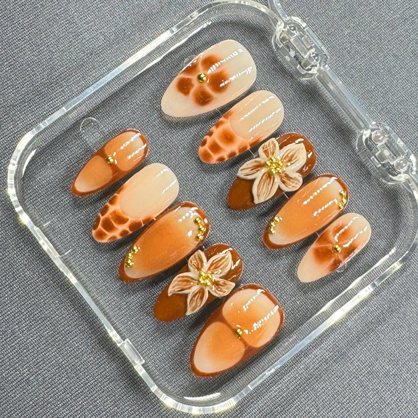 Caramel Blossom Press On Nails β Hand Sculpted Florals and Giraffe Print Accents | Gift for Her