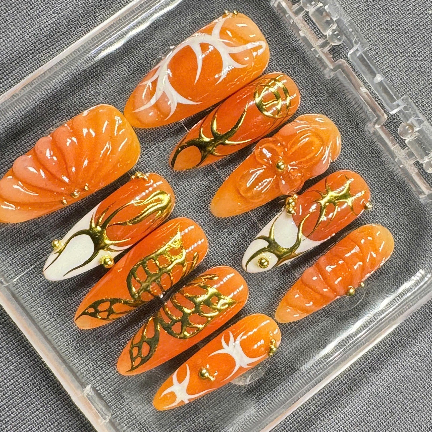 Golden Flame Bloom Press On Nails β Orange Gloss, 3D Flower & Abstract Gold Art | Gift for Her