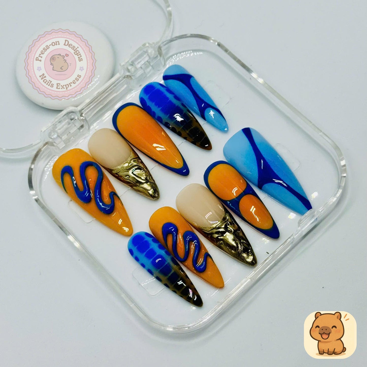 Sunset Wave Press-On Nails β Long Almond Blue & Orange Nail Art with Gold Chrome Accents Gift for Her