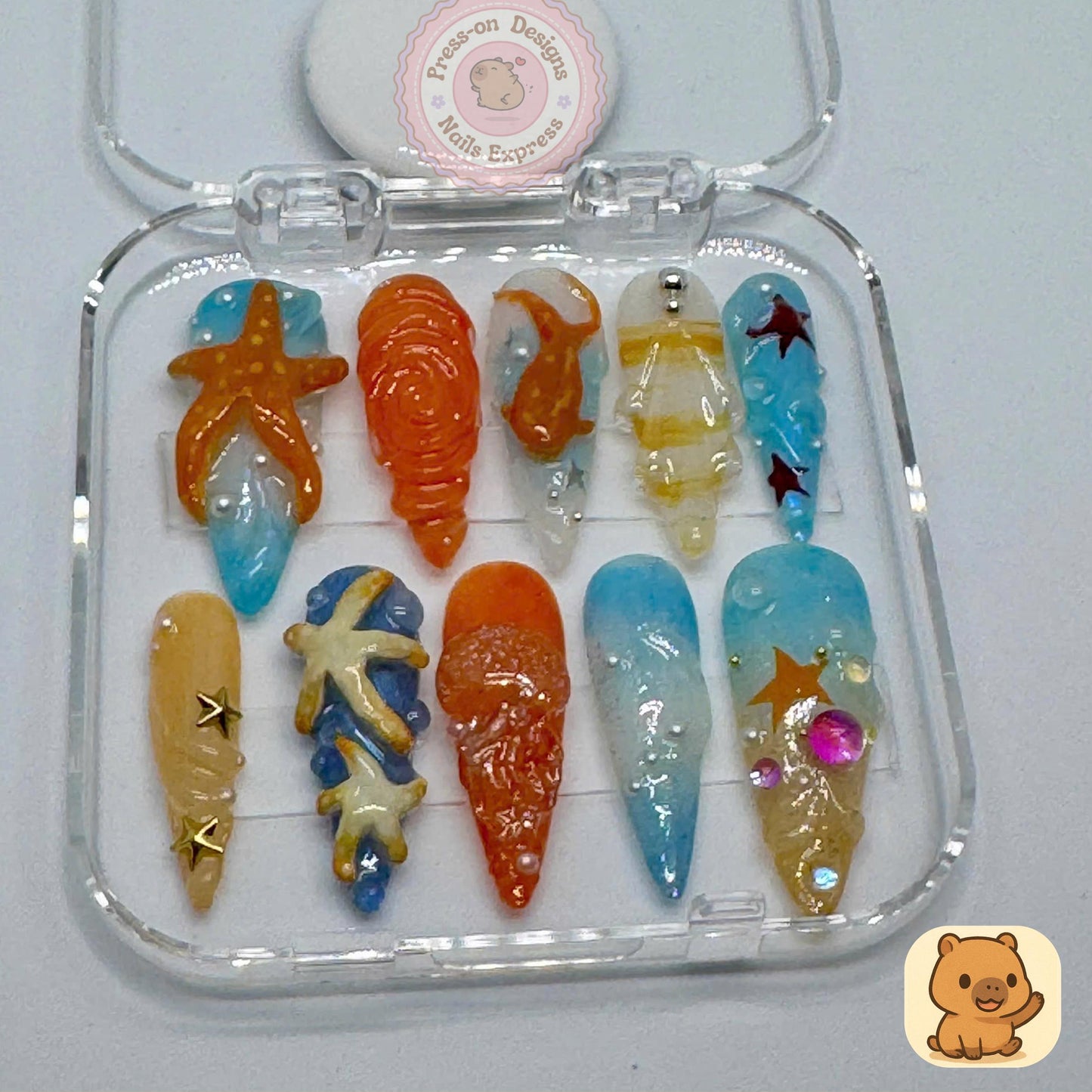 Under the Sea Press-On Nails β 3D Ocean Theme Nail Art with Shells, Starfish & Coral