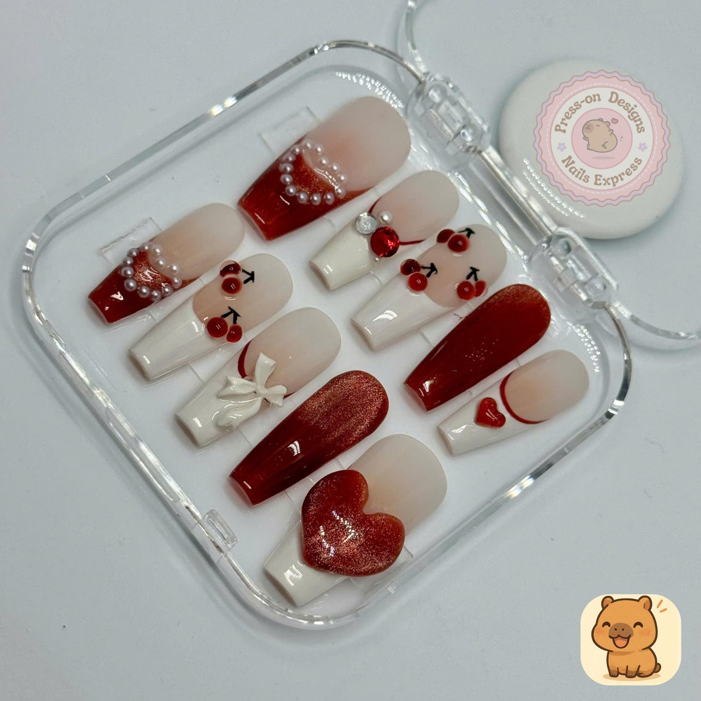 Cherry Sweetheart Press-On Nails β Handmade Valentine Red Nail Set with Pearls, Bows & 3D Heart β Mid Square Gift for Her
