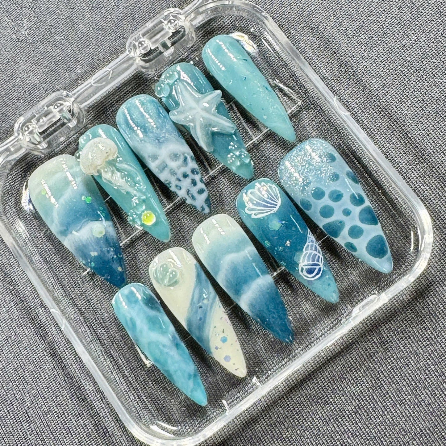 Ocean Depths Press-On Nails – 3D Jellyfish, Starfish Wave Art in Aqua & Blue | Handmade Nails for Summer, Beach Trips, or Coastal Vibes