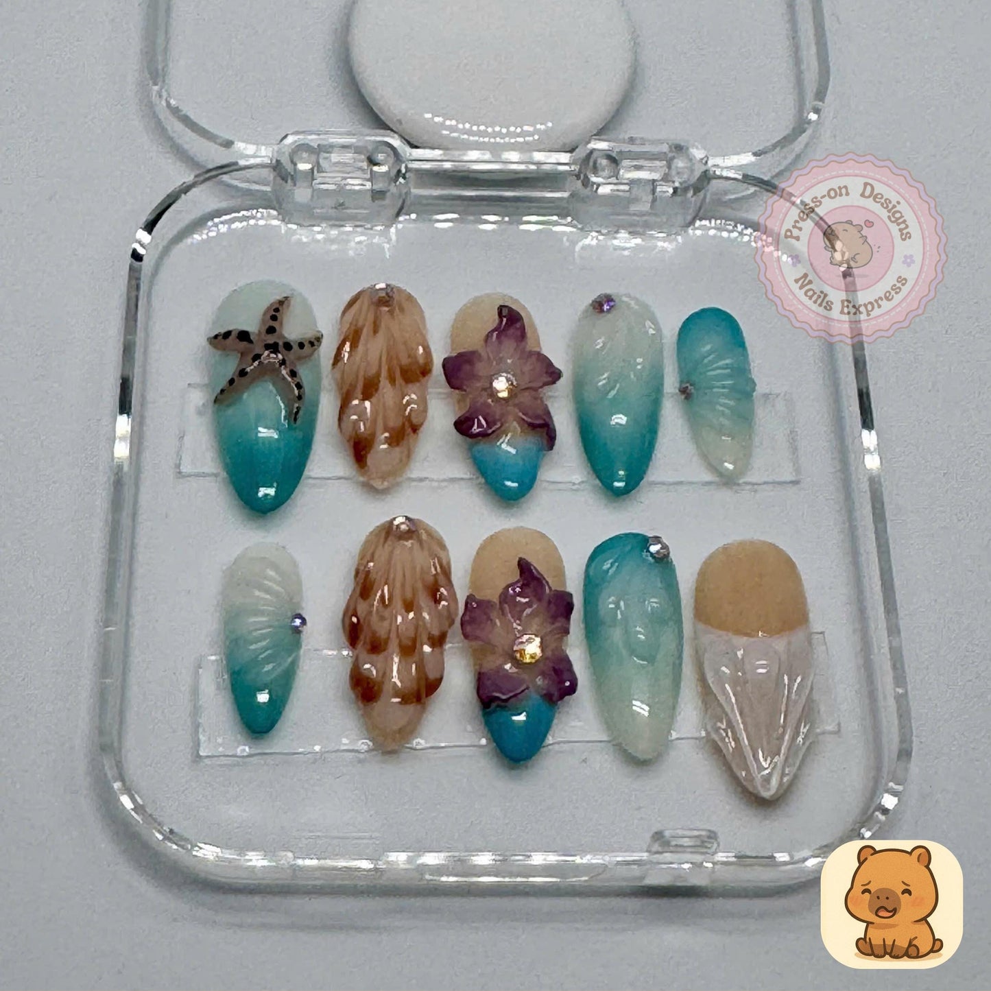 Tropical Shoreline Press-On Nails β 3D Beach Nail Art with Starfish, Shells & Flowers β Handmade Ocean-Inspired Summer Set
