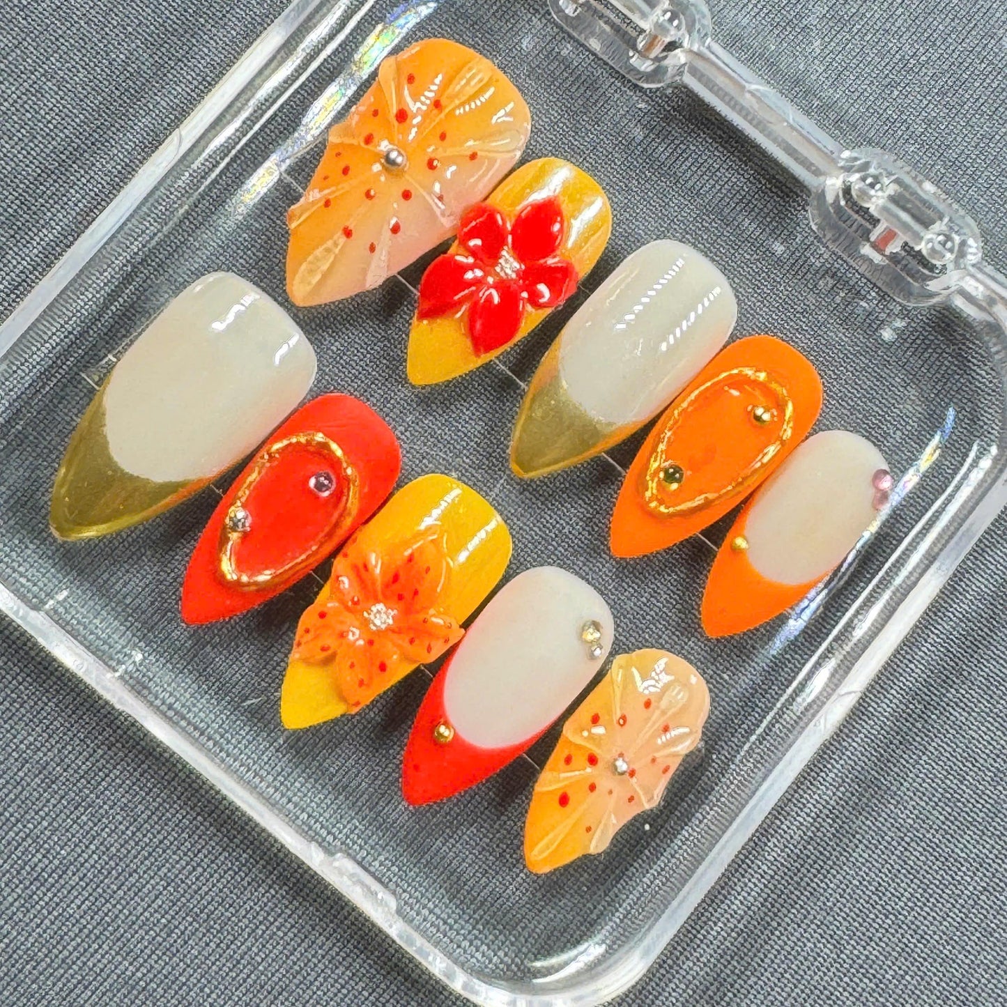 Tropical Sunset Bloom Press On Nails β Bold Orange, Yellow & 3D Floral Accents | Gift for Her
