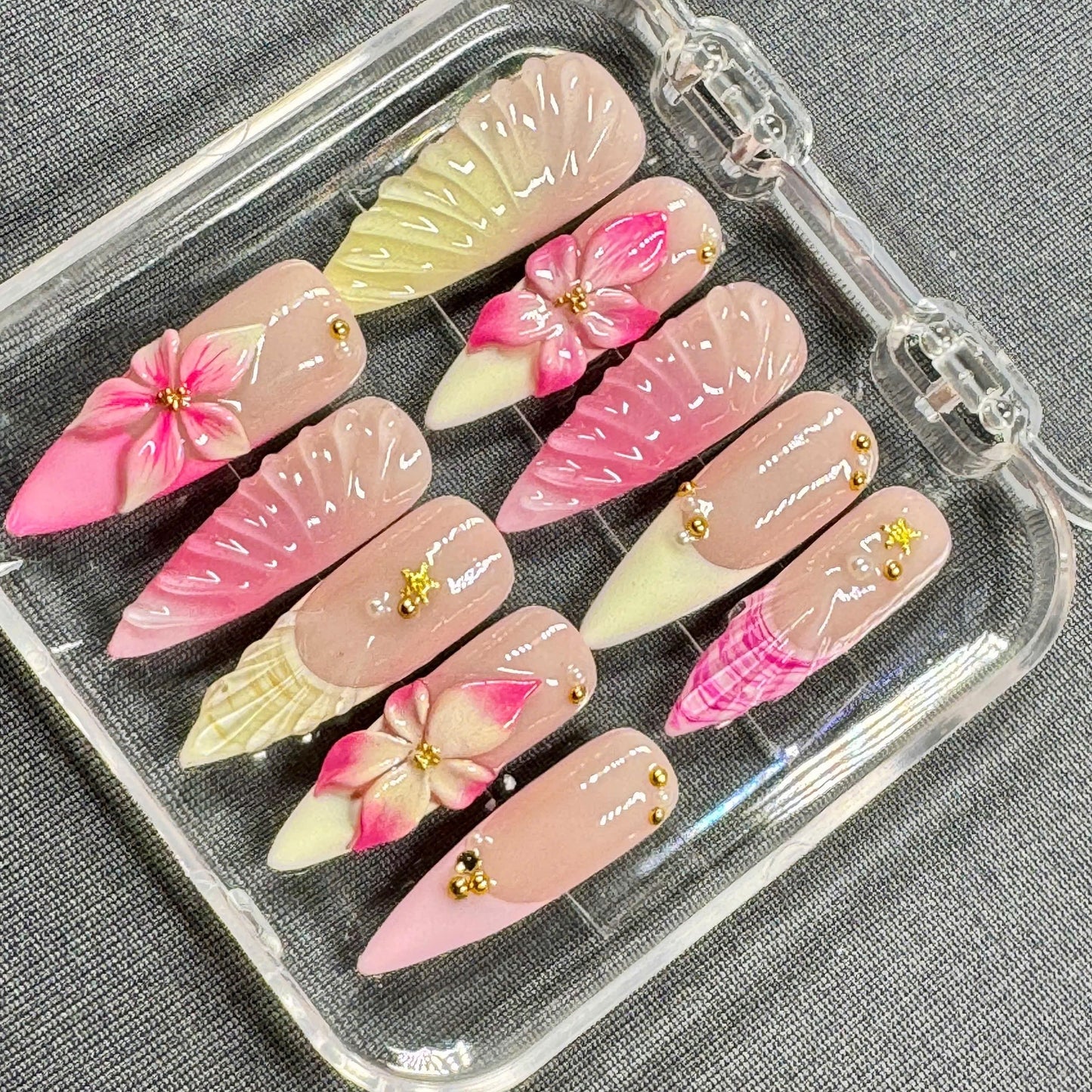 Petal Whispers Press On Nails β Soft Pink 3D Floral Nails with Shell Texture & Gold Beads | Gift for Her