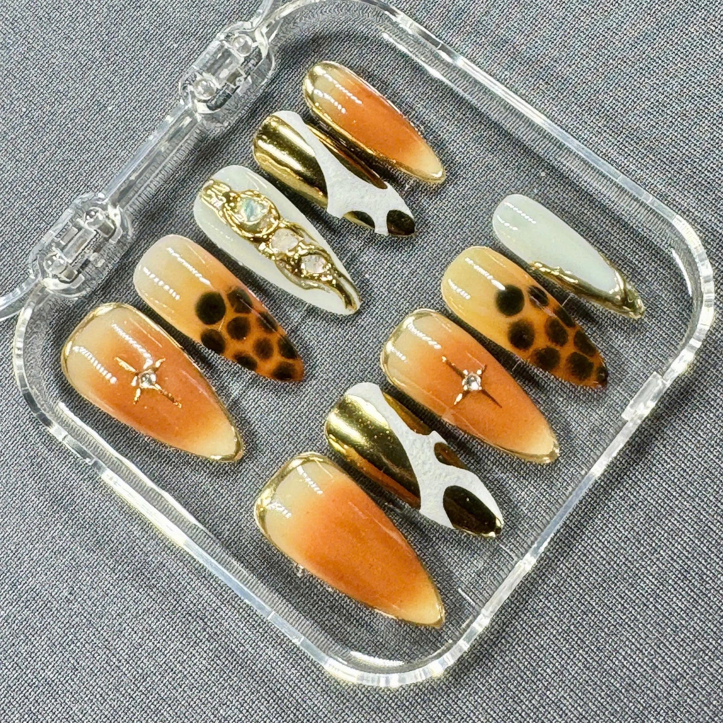 Wild Luxe Press On Nails β Ombre Amber Leopard Nails with Gold Chrome Accents | Gift for Her