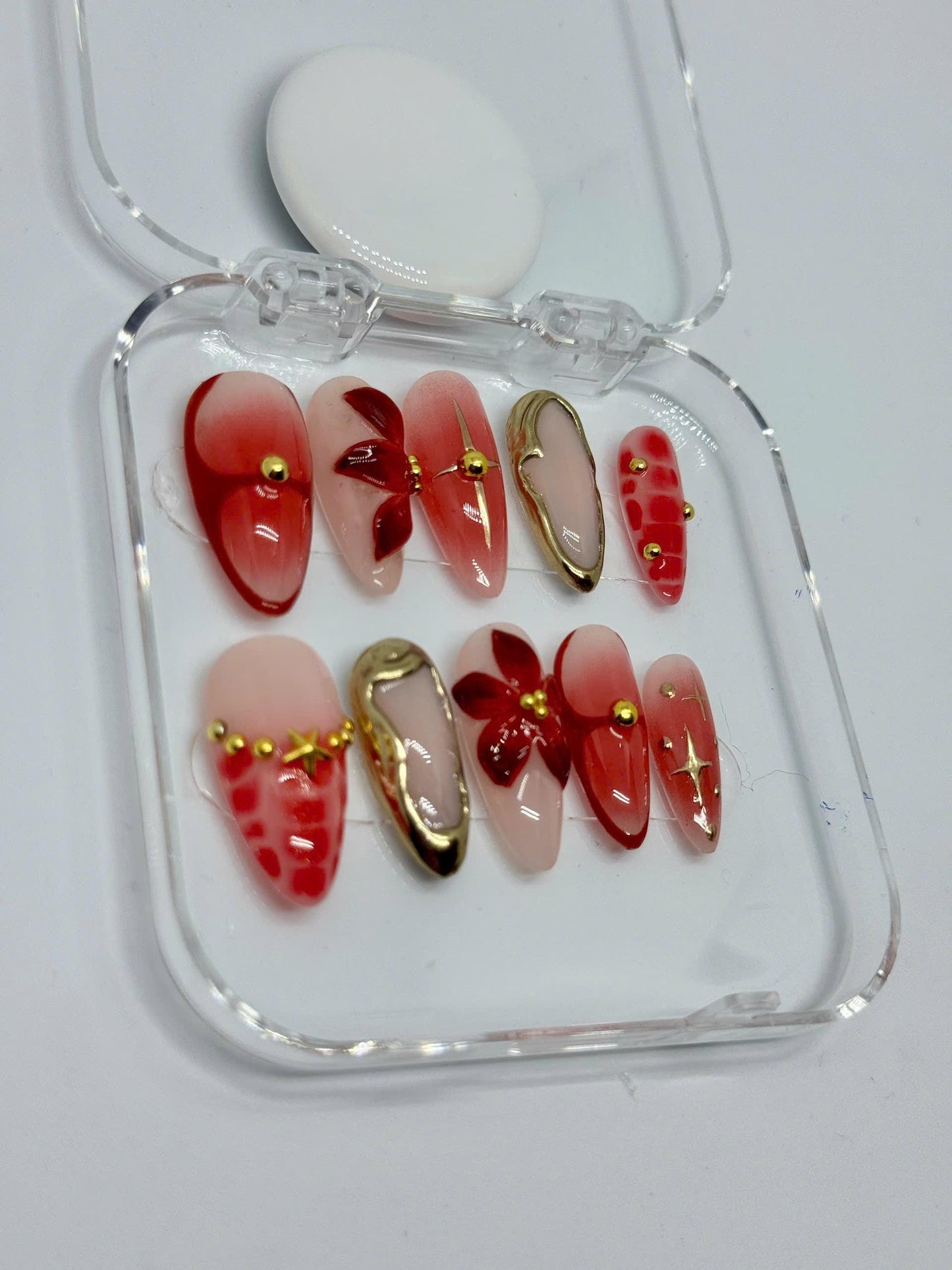 Cherry Bloom Press-On Nails with Pink Ombre, 3D Red Flowers, Gold Charms & Glossy Finish | Perfect for Date Night, Gifts | Summer Style