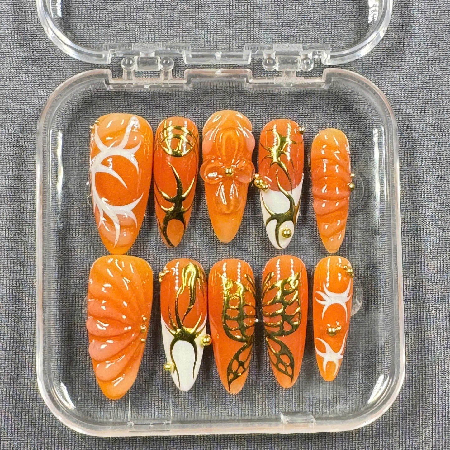 Golden Flame Bloom Press On Nails β Orange Gloss, 3D Flower & Abstract Gold Art | Gift for Her