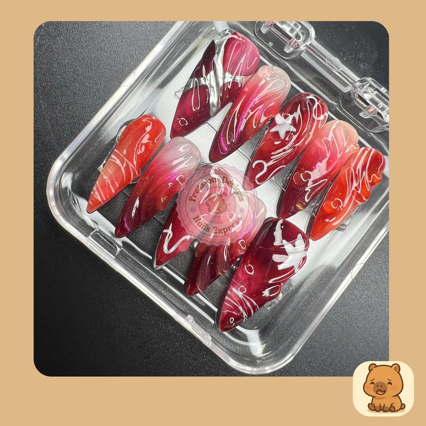 Crimson Ombre Press-On Nails with Chrome Wrap, White Swirl Nail Art & Glossy Finish – Handmade Fake Nails for Bold, Reusable Gift for Her