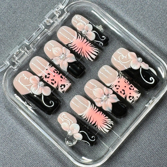 Blush Safari Bloom Press On Nails – Nude Black Mix with 3D Flowers & Animal Print | Gift for Her