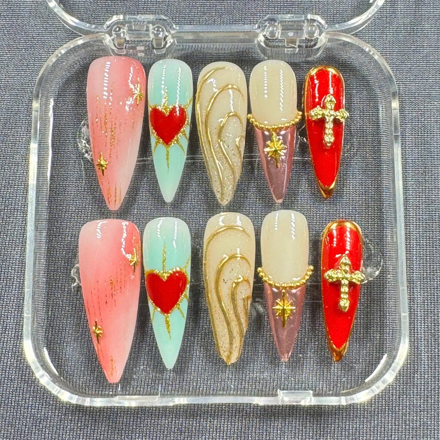 Divine Heart Press-On Nails – Red Heart Art with Cross Charms, Gold Details and Pastel Gradient | Handmade Nails for Statement Looks