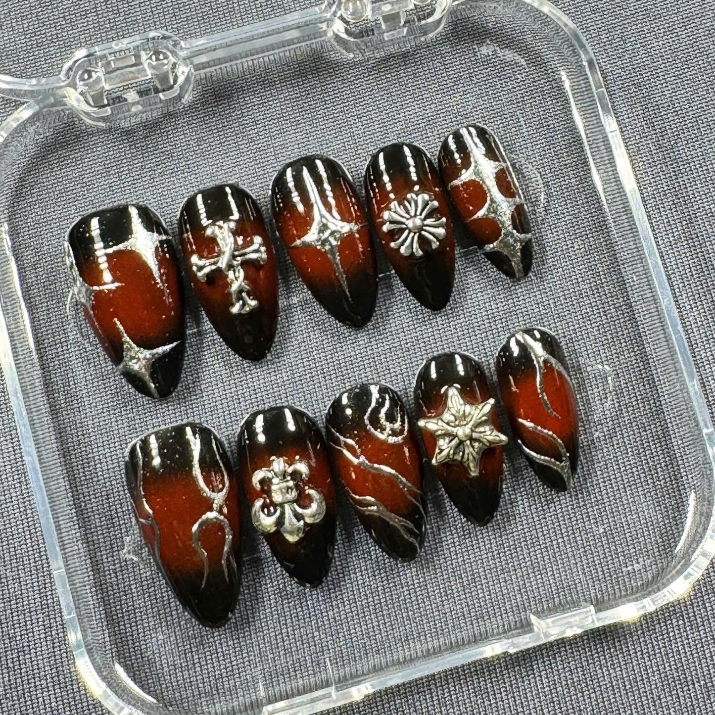 Midnight Flame Press On Nails β Gothic Red with Chrome Charms and Silver Flames | Gift for Her