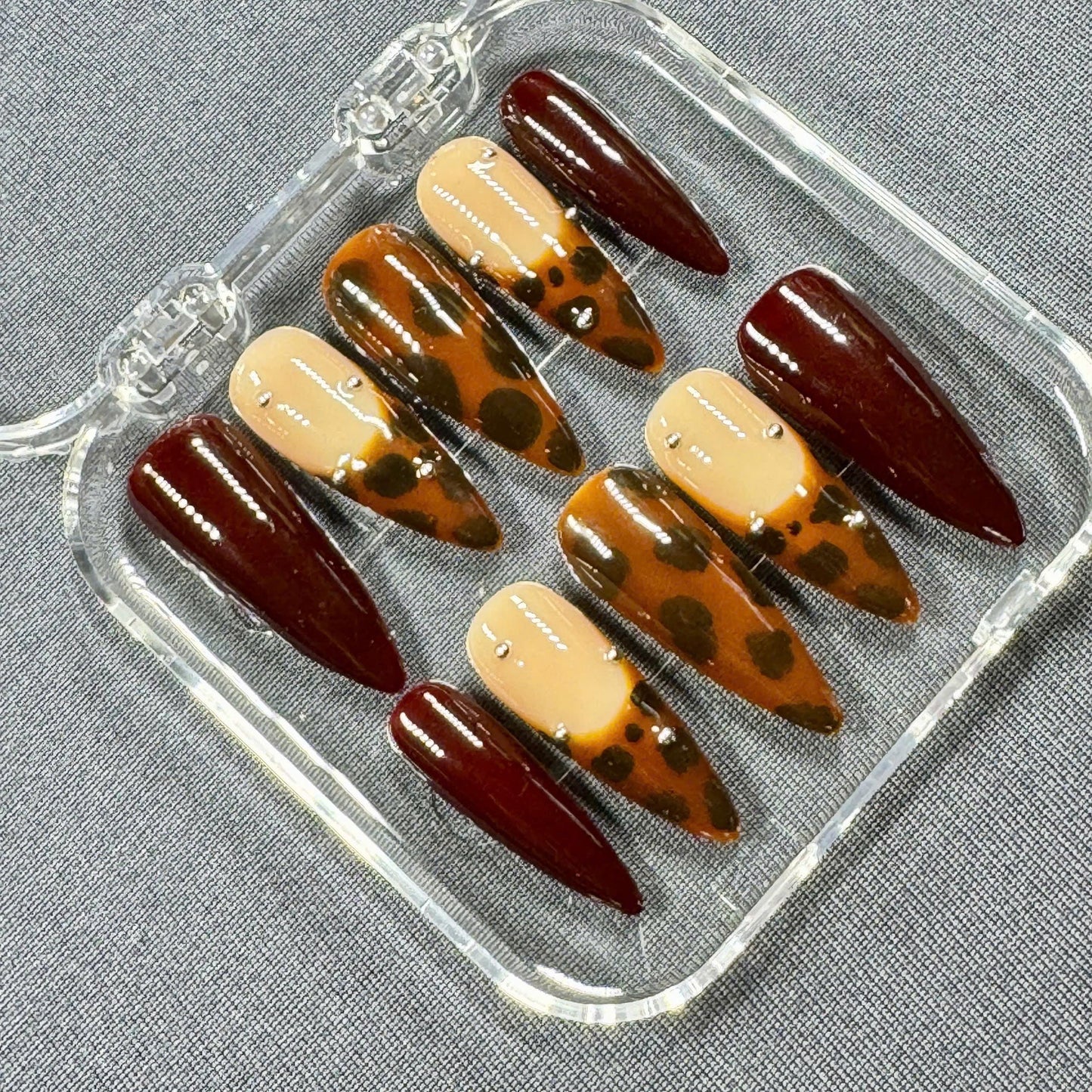 Leopard Spice Press On Nails β Long Almond Nails with Animal Print and Glossy Brown Finish | Gift for Her