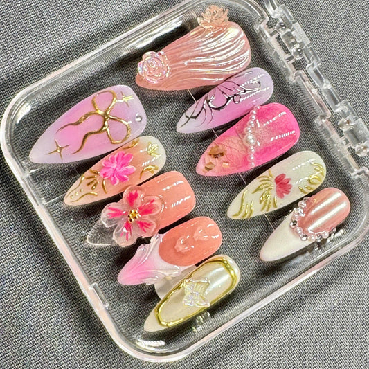 Blooming Grace Press On Nails – Elegant Pink Butterfly Floral Nails with Pearl & Gold Accents | Gift for Her