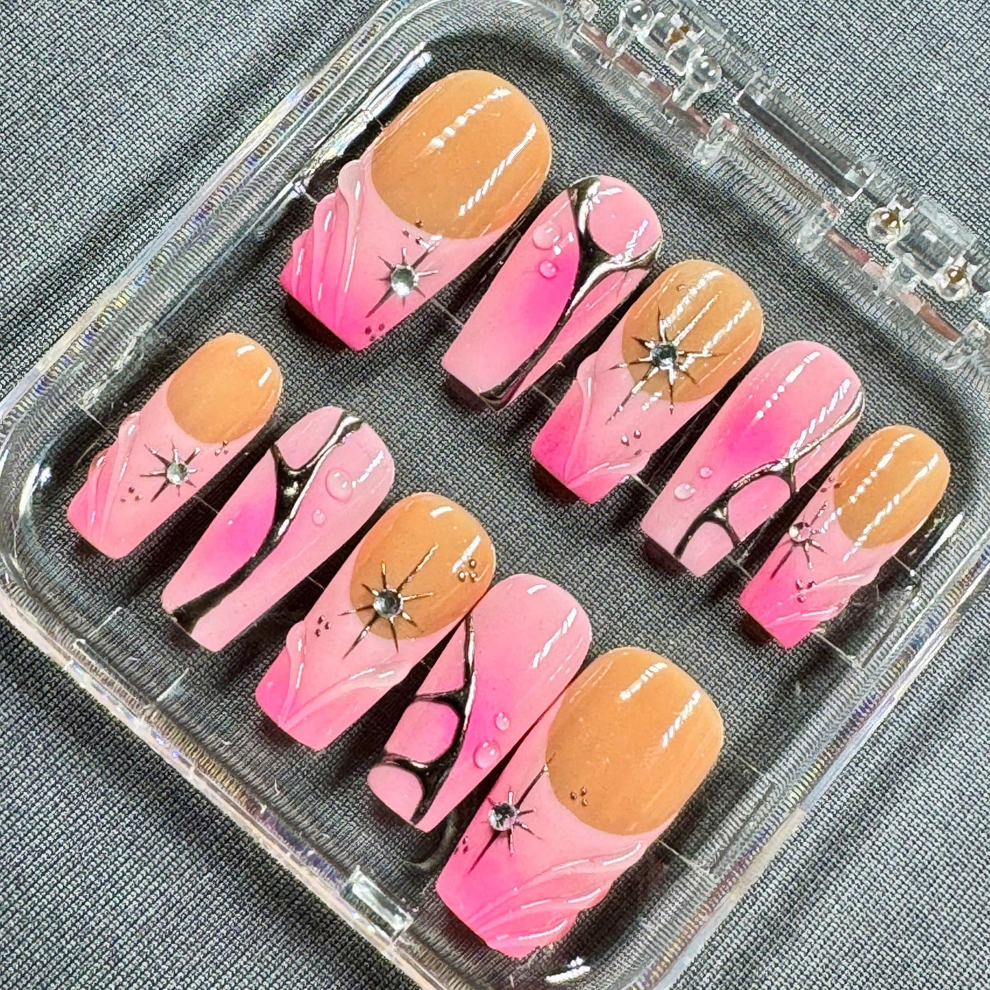 Pink Chrome Galaxy Press-On Nails – Nude Ombre with Black Starlight Swirl and 3D Shine Accents | Gift for Her