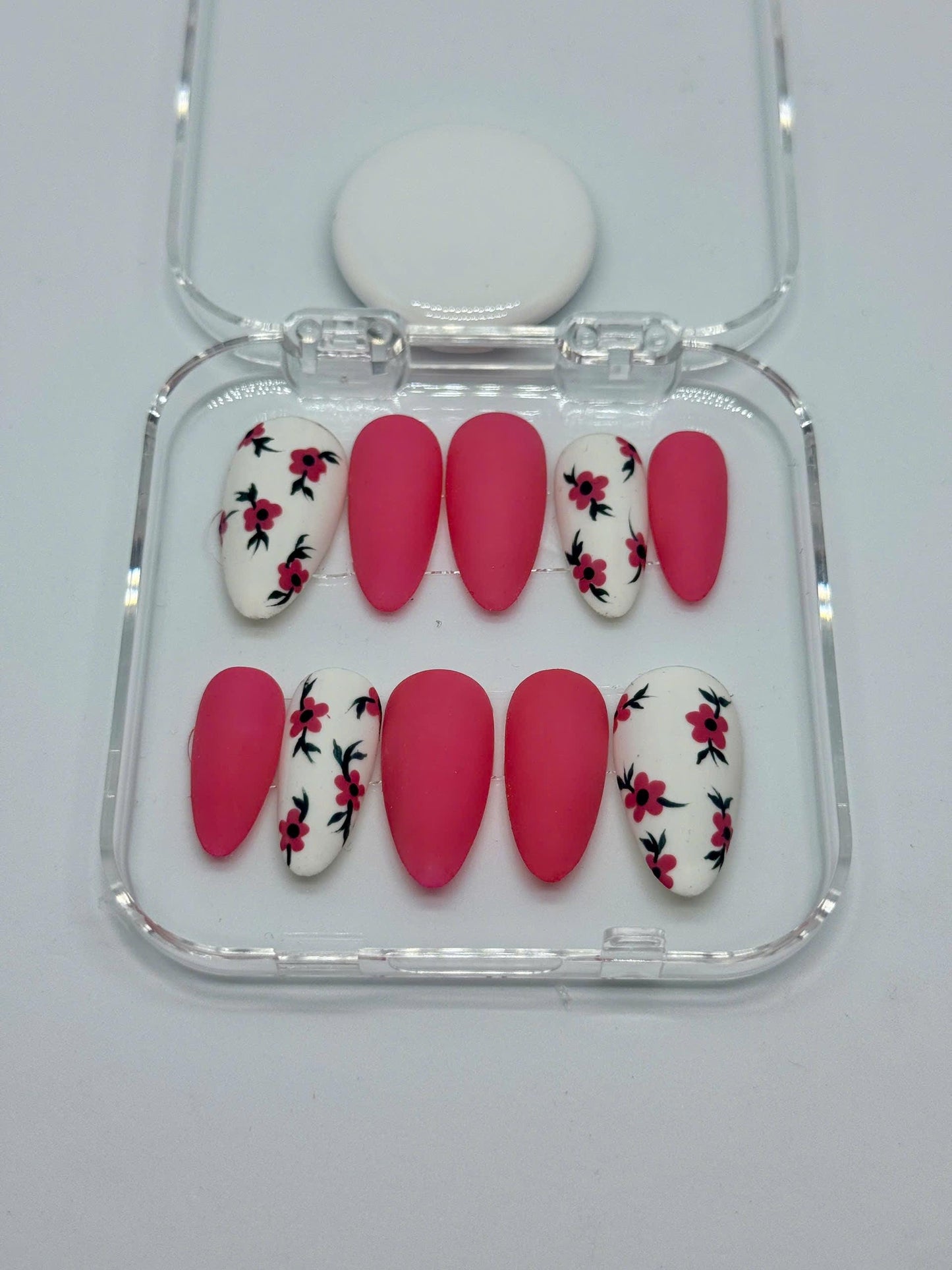 Rosy Blossom Matte Press-On Nails with Pink Solid & White Floral Accents – Perfect for Spring, Everyday Wear, or a Thoughtful Gift for Her
