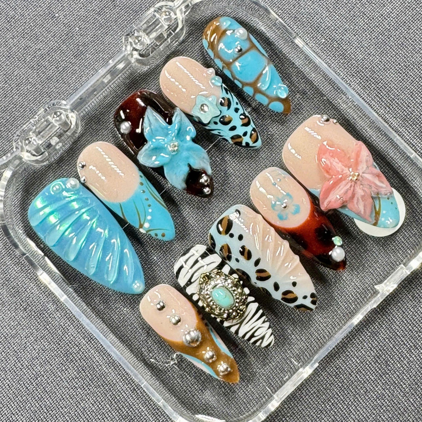 Boho Safari Press On Nails β Turquoise Blue 3D Floral Nails with Leopard, Zebra & Tribal Accents | Gift for Her