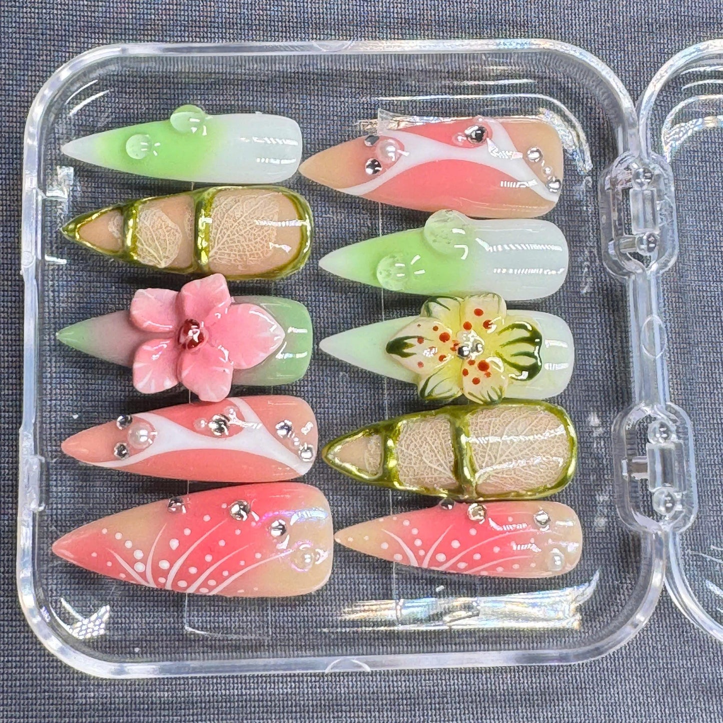 Tropical Paradise Press-On Nails – Colorful Floral Design with Gold Accents – Handmade Summer Nail Set