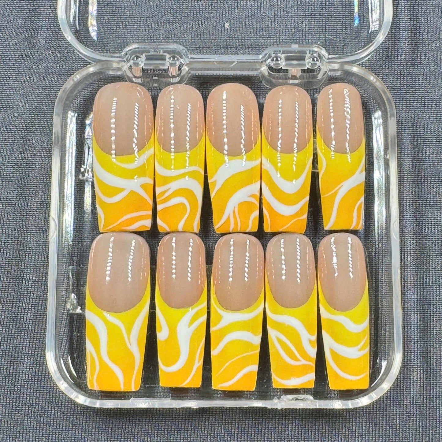 Citrus Swirl Press On Nails β Yellow Orange Marble French Tips in Long Coffin Shape | Gift for Her