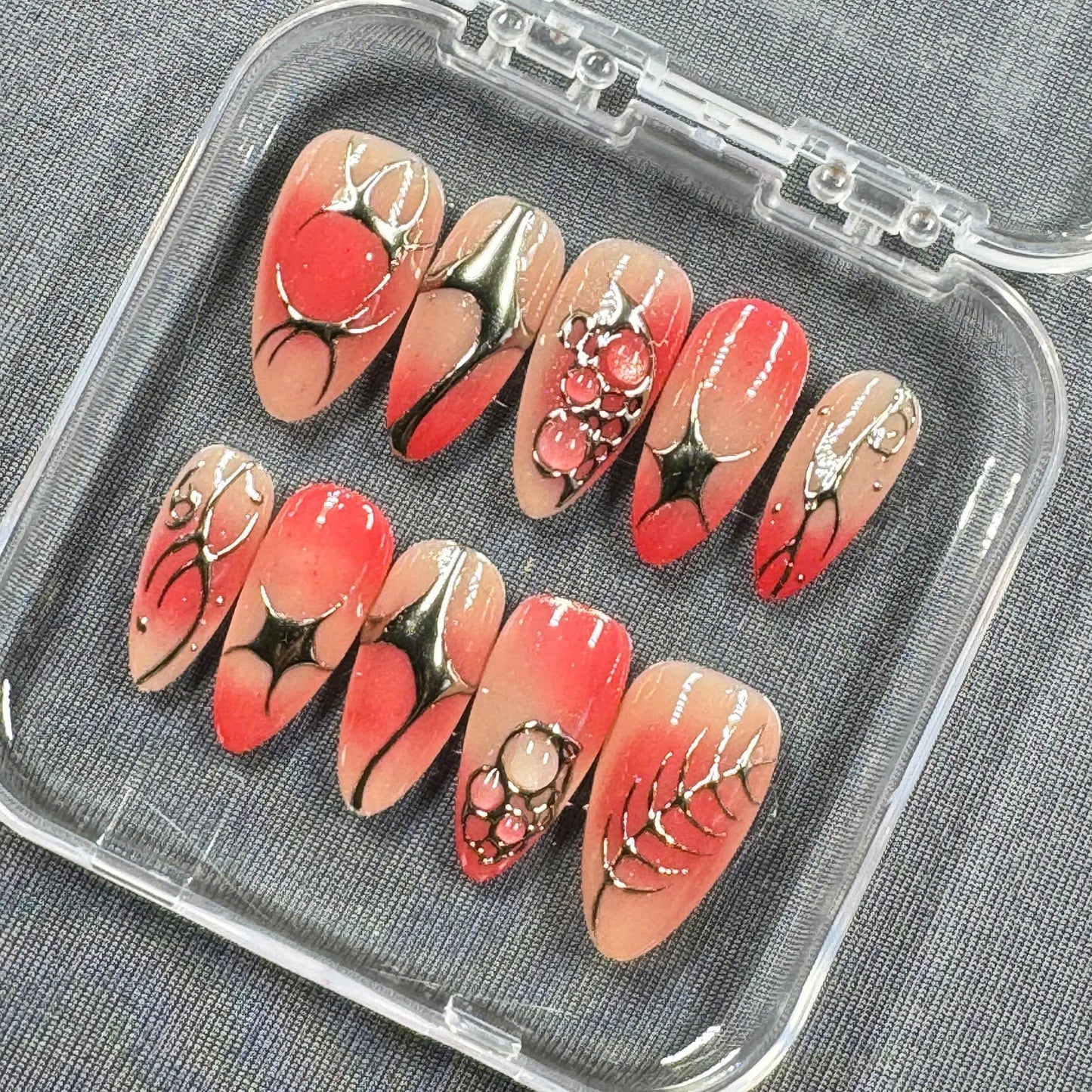 Crimson Flux Press On Nails β Red Chrome Abstract Art with Black Web Accents | Gift for Her