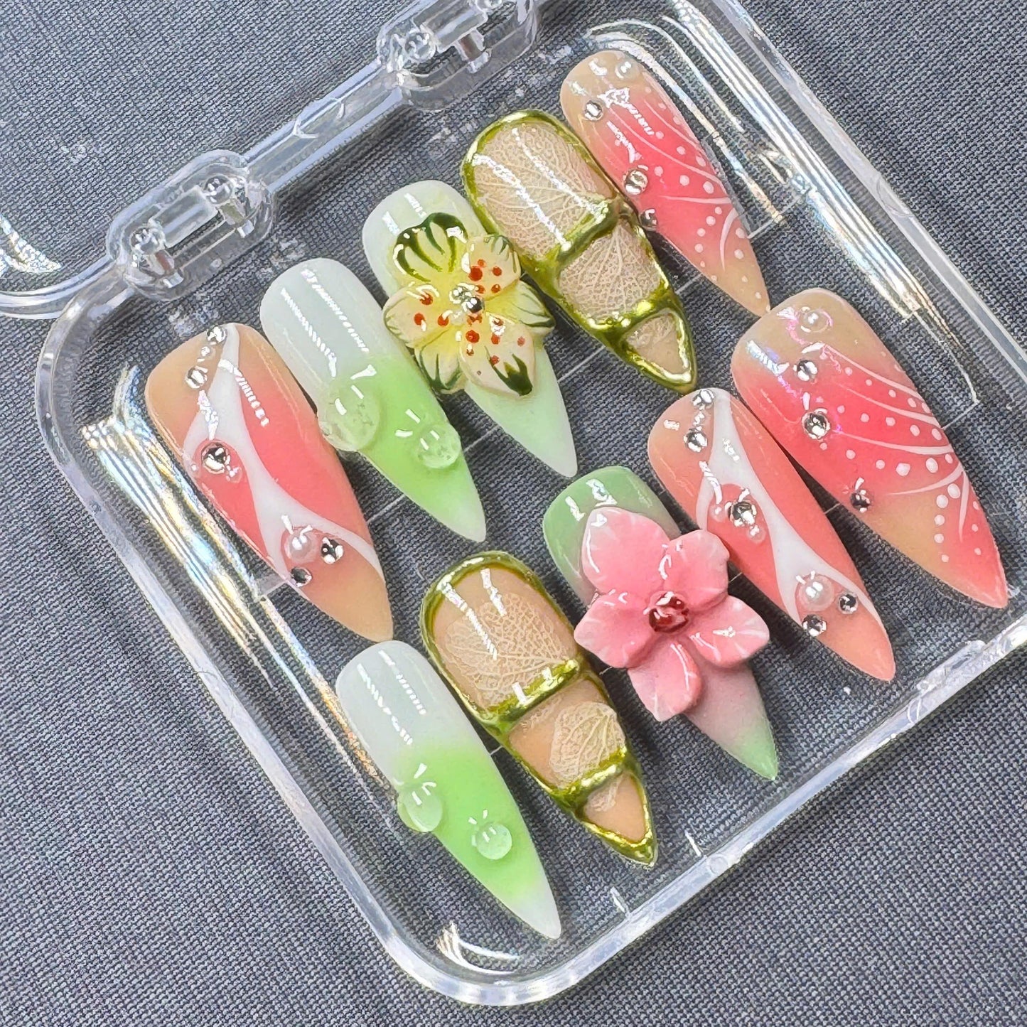 Tropical Paradise Press-On Nails – Colorful Floral Design with Gold Accents – Handmade Summer Nail Set