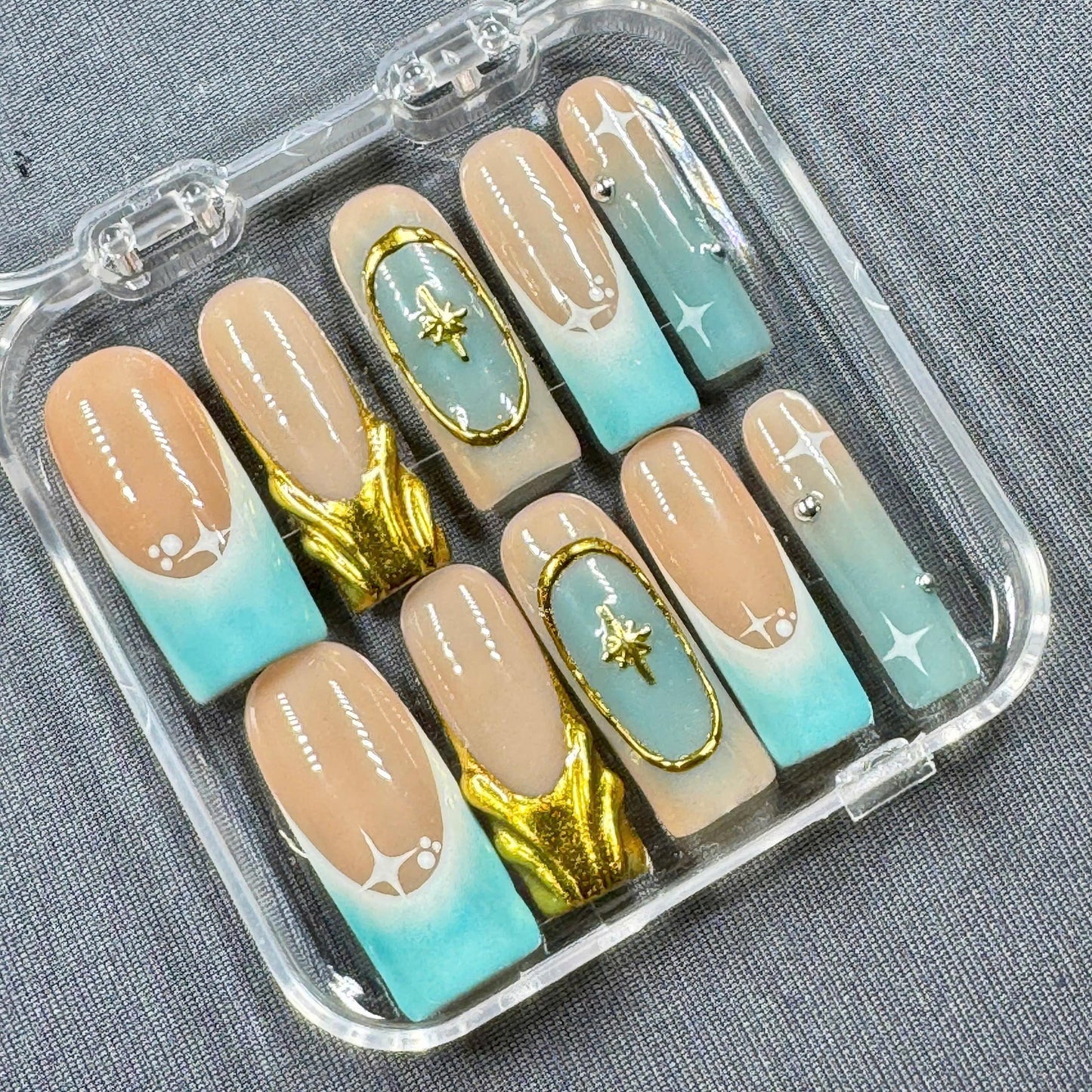 Celestial Sands Press On Nails β Nude Turquoise Gradient with Star Charms and Gold Accent | Gift for Her