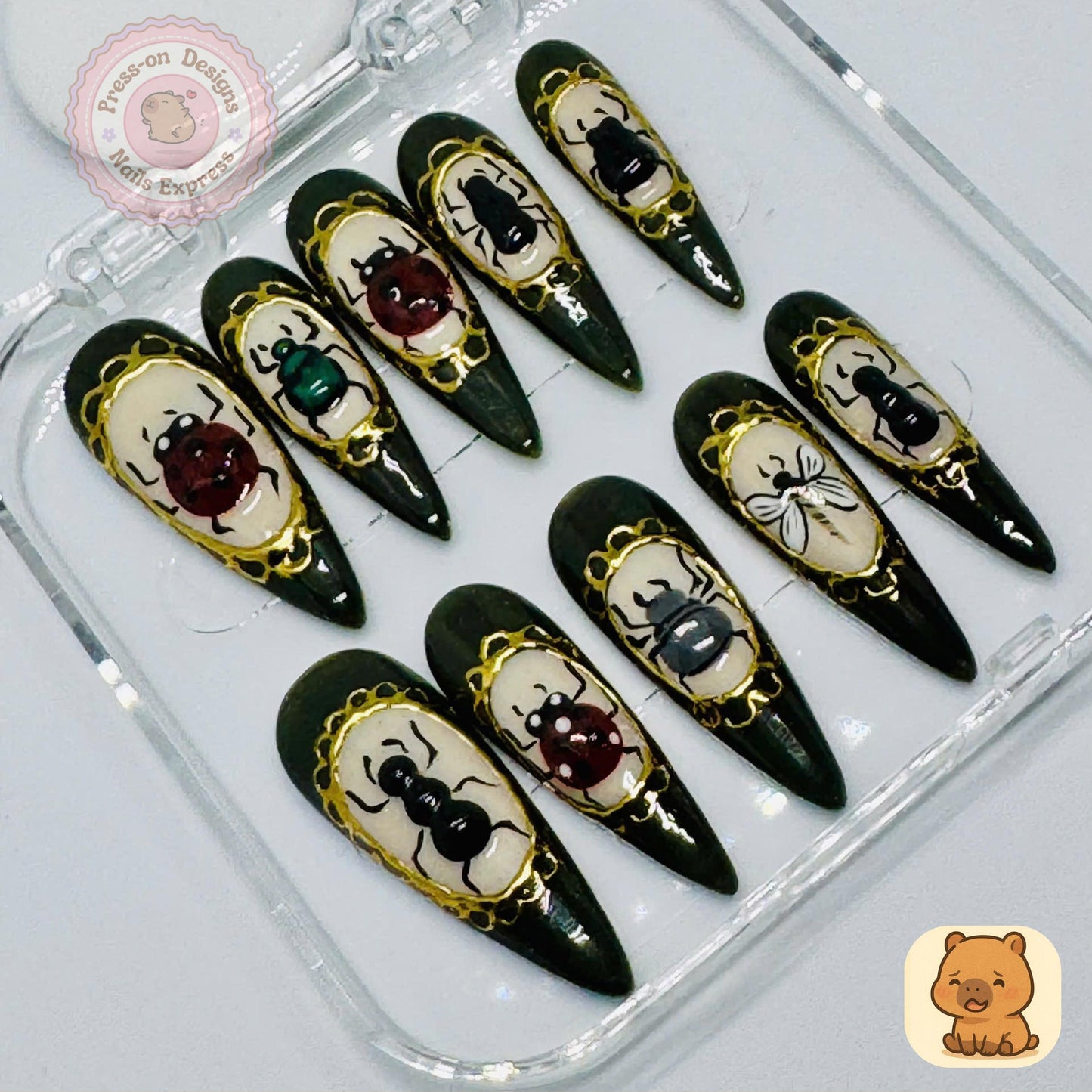 Gothic Insectarium Press-On Nails β 3D Bug & Beetle Nail Art with Gold Frame Detail β Handmade Dark Green Vintage Science Set