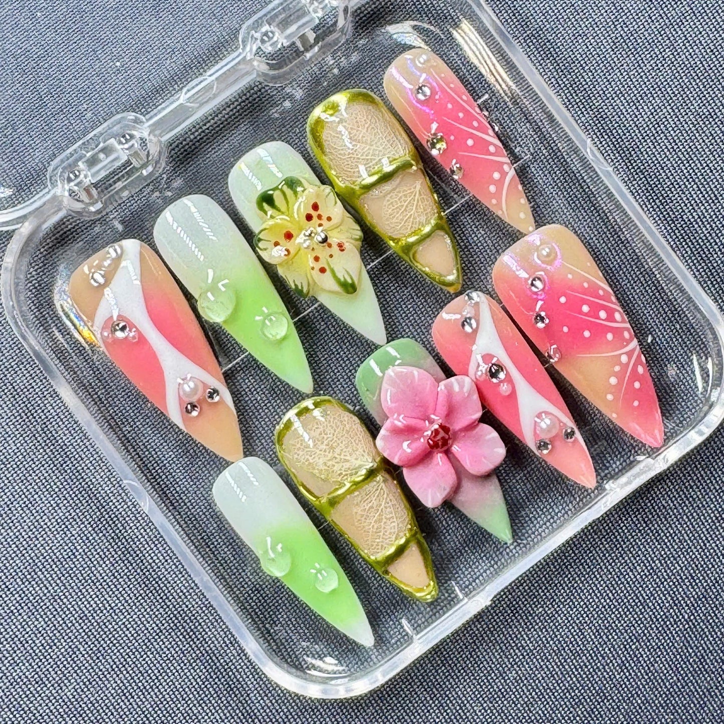Rainbow Butterfly Press-On Nails – Artistic Gel Nail Art with 3D Butterfly Design – Handmade Multicolor Set