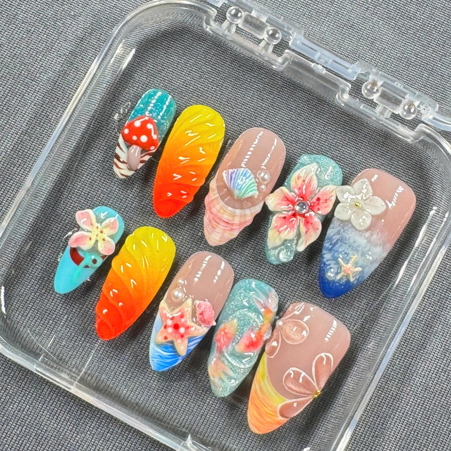 Tropical Sunset Press On Nails β 3D Florals, Starfish, and Beach-Inspired Charm in Sunset Gradient | Gift for Her