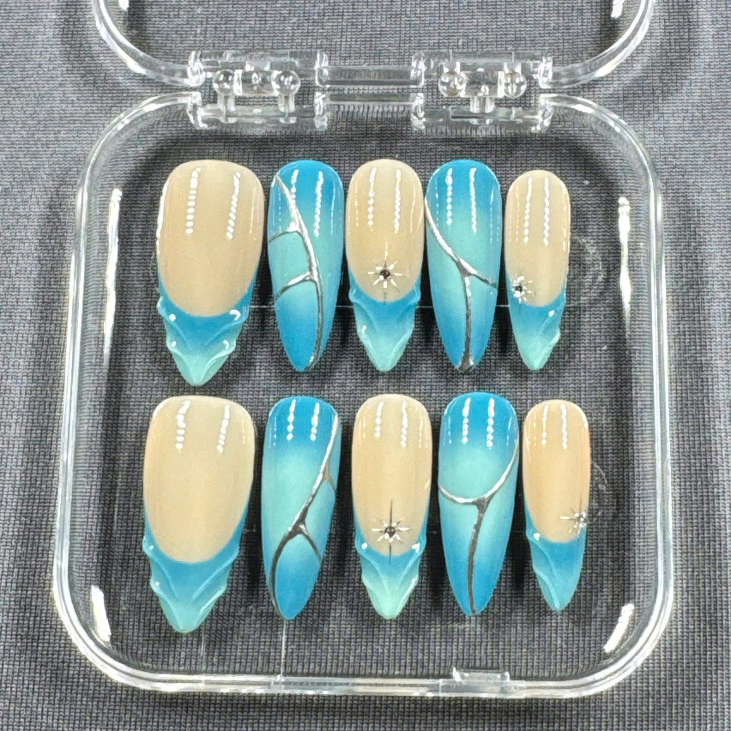 Ocean Mirage Press On Nails β Turquoise Gradient with Silver Lines and Star Charms | Gift for Her