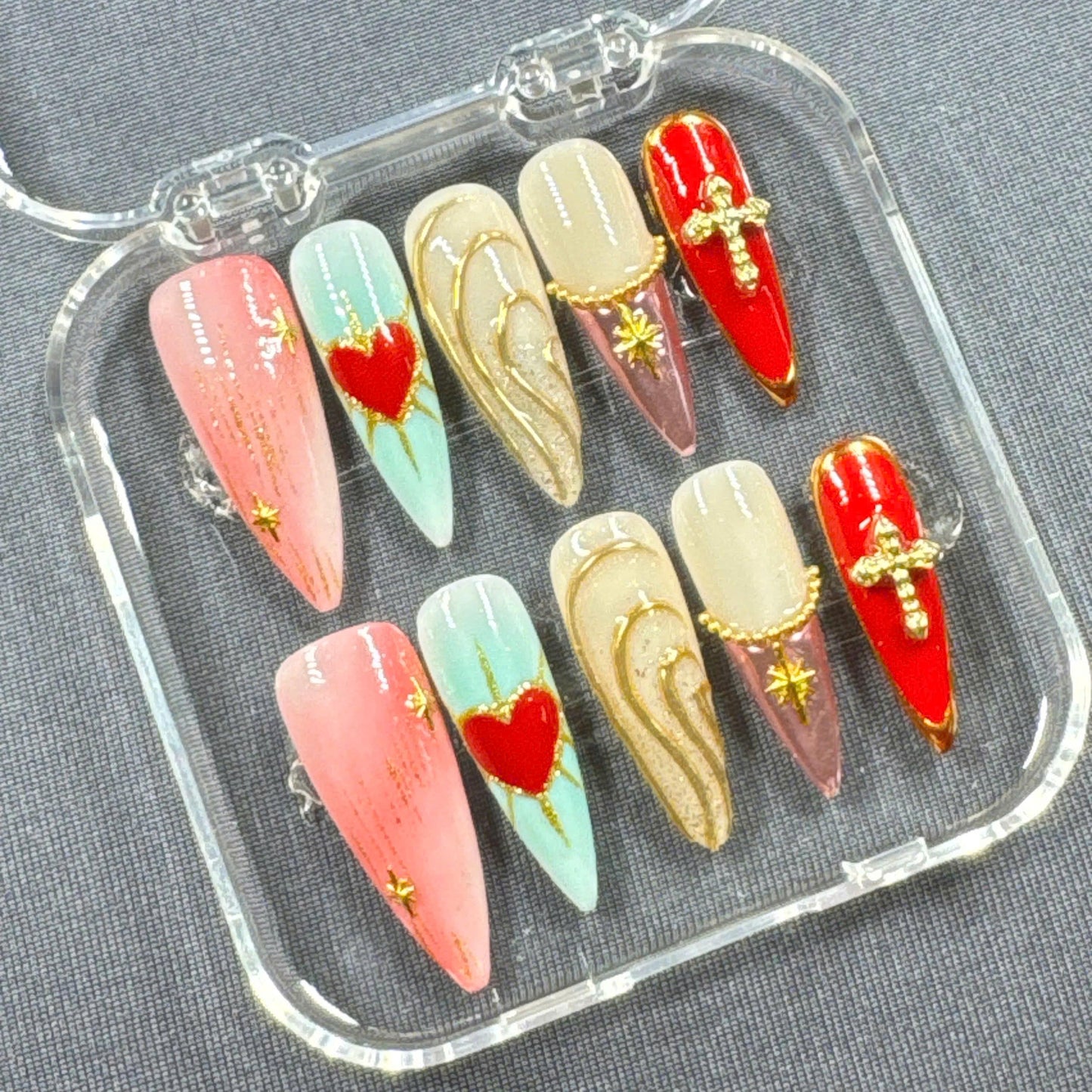 Divine Heart Press-On Nails – Red Heart Art with Cross Charms, Gold Details and Pastel Gradient | Handmade Nails for Statement Looks