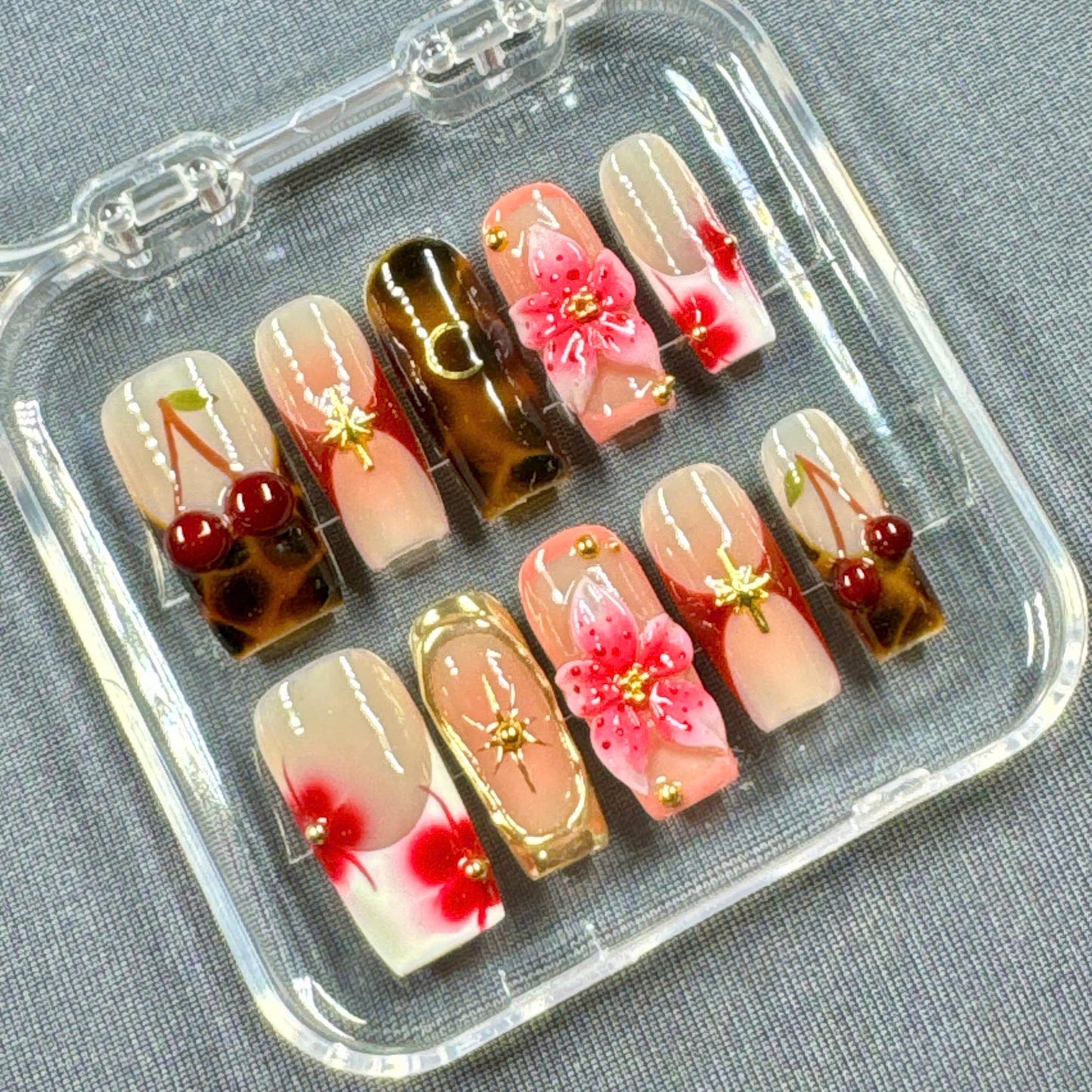 Cherry Blossom Delight Press On Nails β 3D Floral, Gold Stars and Cherry Fruit Accents | Gift for Her