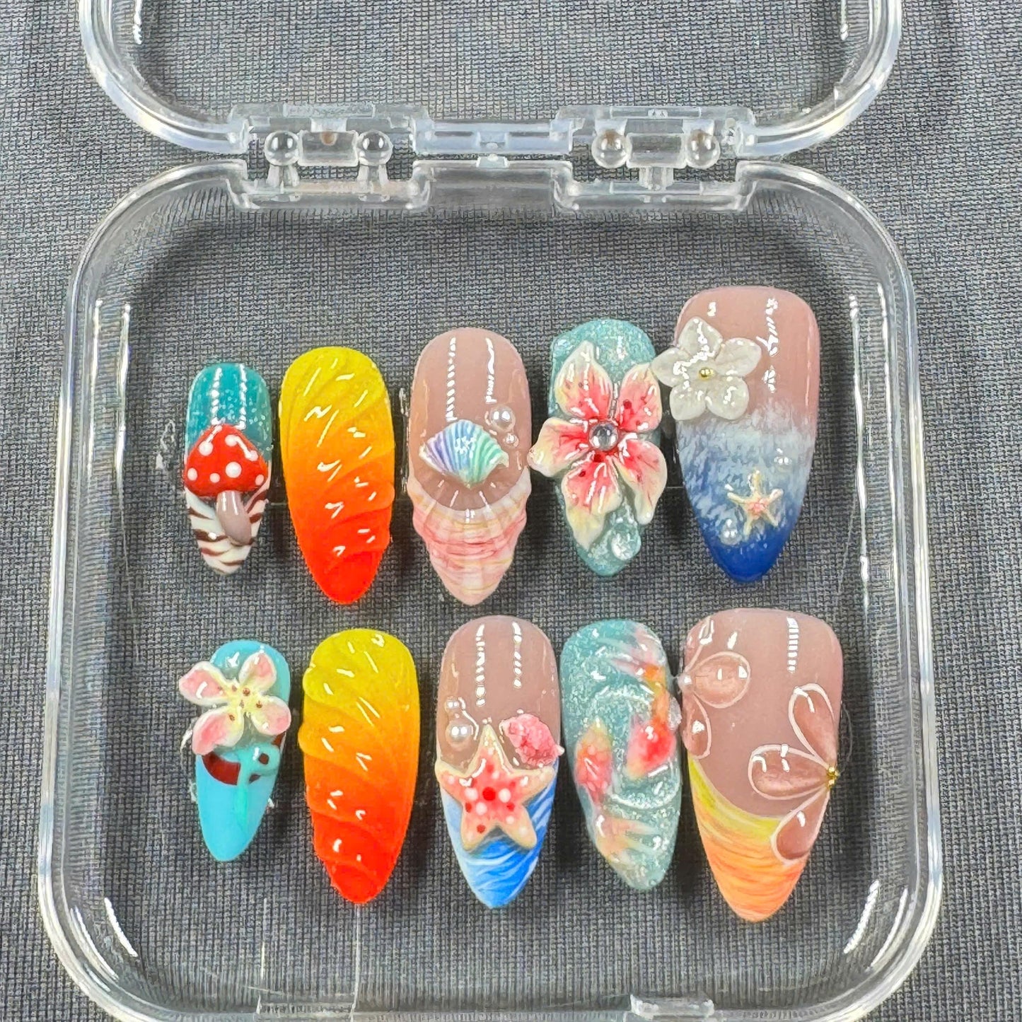 Tropical Sunset Press On Nails β 3D Florals, Starfish, and Beach-Inspired Charm in Sunset Gradient | Gift for Her