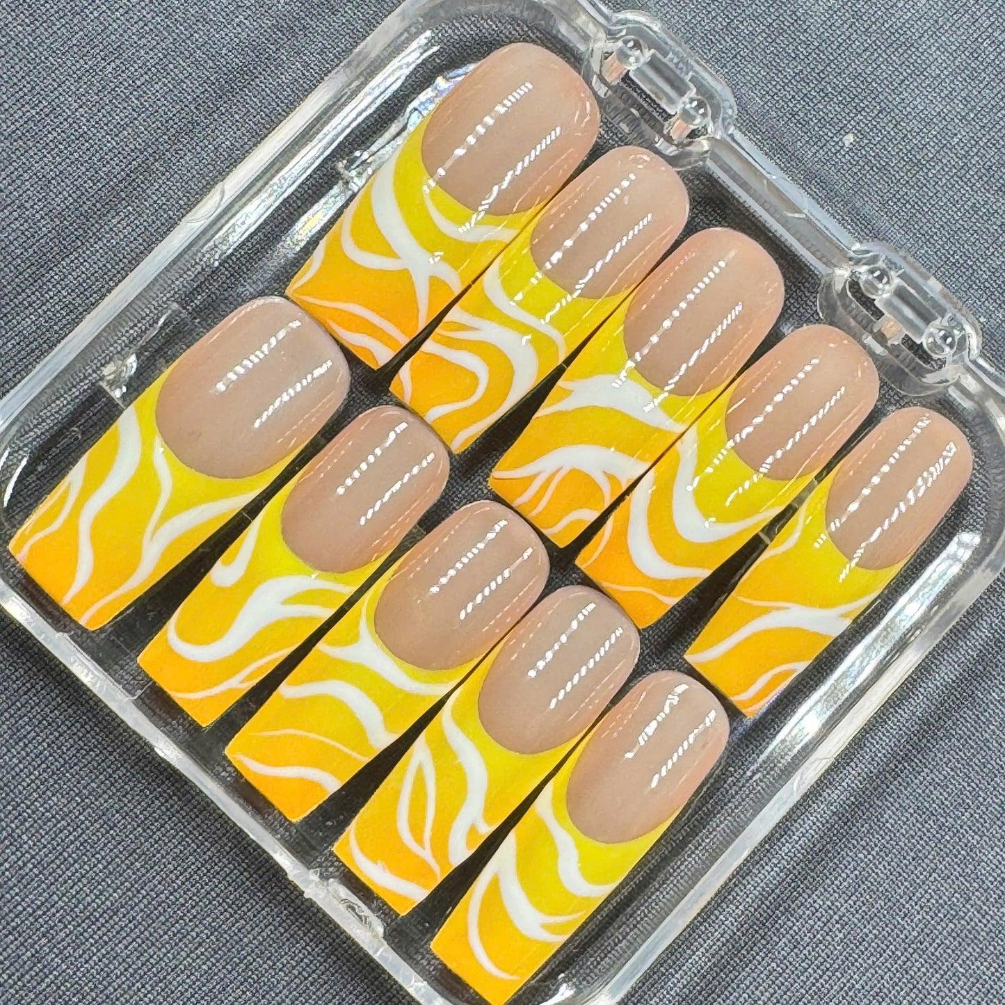 Citrus Swirl Press On Nails β Yellow Orange Marble French Tips in Long Coffin Shape | Gift for Her