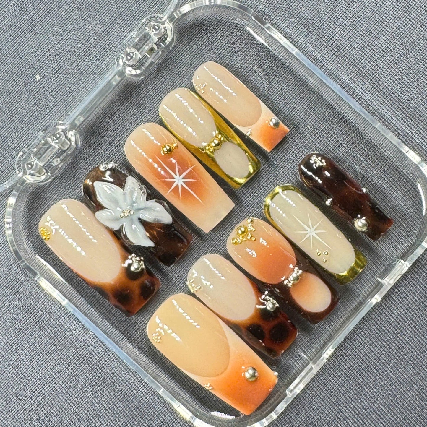 Golden Mocha Press On Nails β Tips with Gold Accents and 3D Flower Detail | Gift for Her