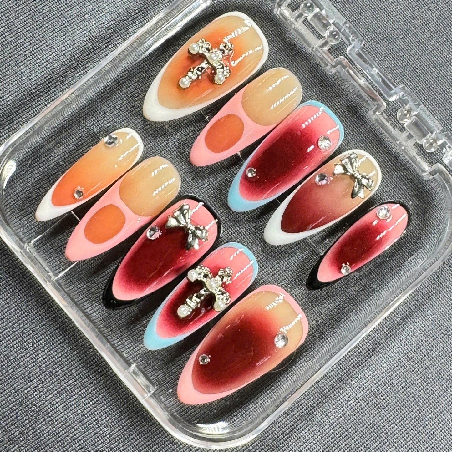 Crimson Grace Press-On Nails – Red Ombre with Rhinestone Cross Charms, Bows and French Tips | Handmade Nails for Bold Glam Looks