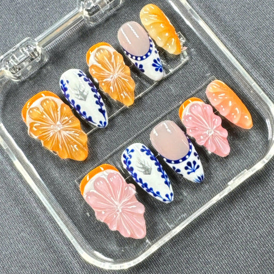 Boho Blossom Press-On Nails – 3D Flowers with Blue n White Porcelain Art + Orange Accents | Handmade Nails for Summer or Gift for Her