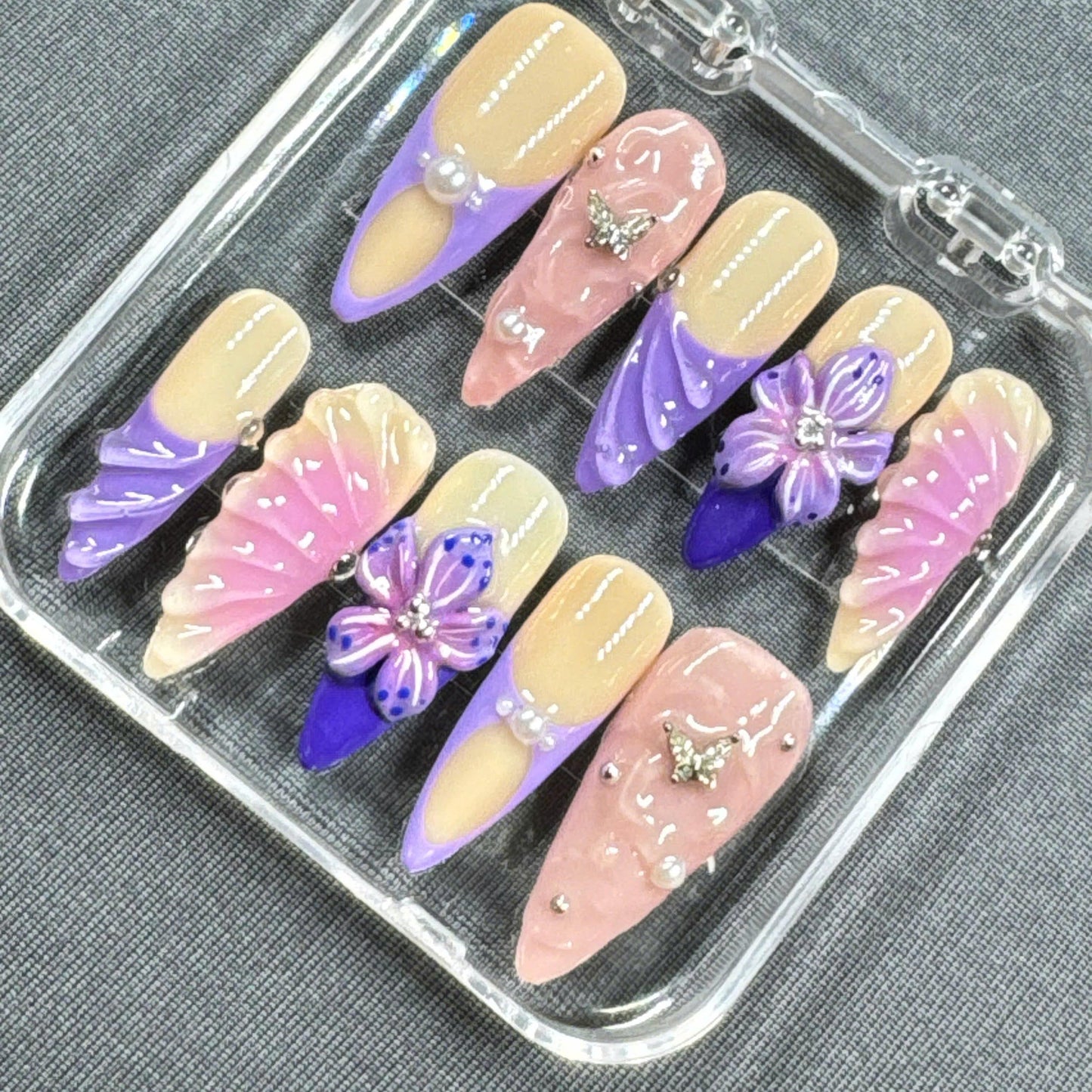 Lavender Whimsy Press On Nails β 3D Flowers, Butterflies & Pearls in Pastel Pink and Purple | Gift for Her