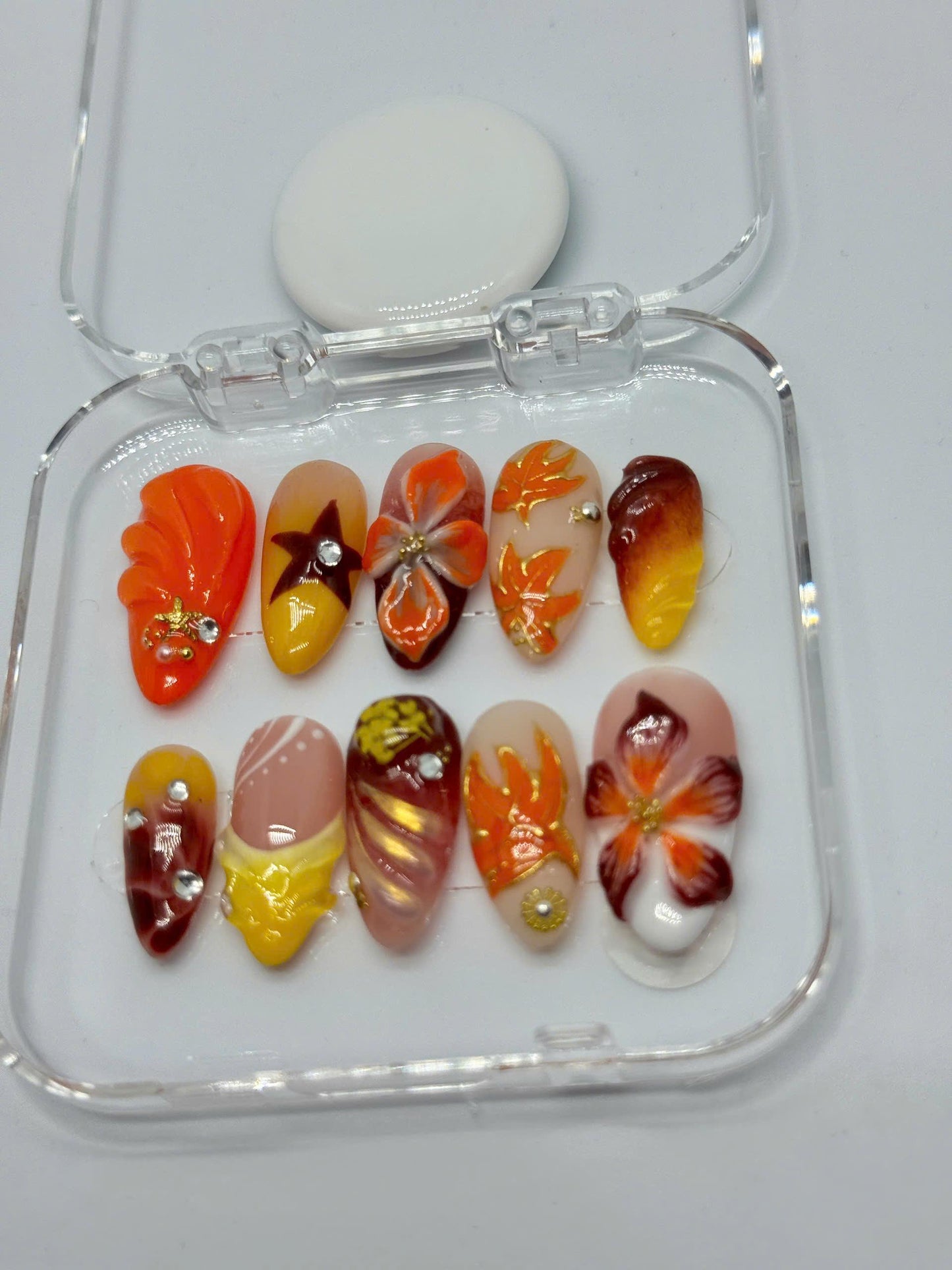 Autumn Blaze Press-On Nails – 3D Floral & Leaf Designs in Orange, Red Gold | Handmade Nails for Fall, Thanksgiving, or Gift for Her