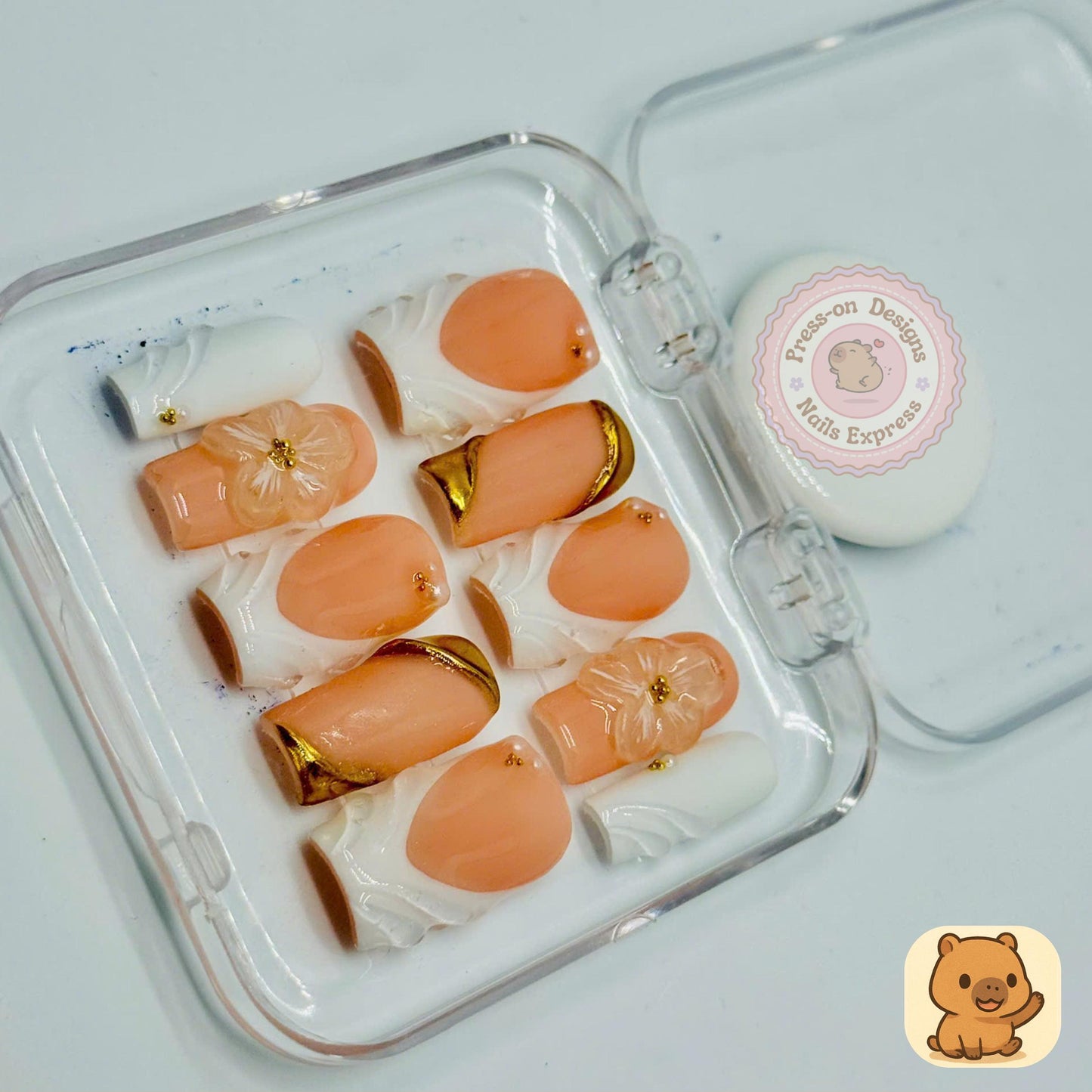 Peach Blossom Press-On Nails β Sculpted 3D Floral Nail Art with Gold Foil & White Marble β Handmade Luxury Short Square Set