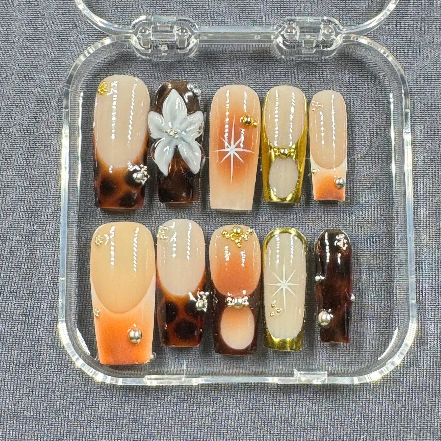 Golden Mocha Press On Nails β Tips with Gold Accents and 3D Flower Detail | Gift for Her