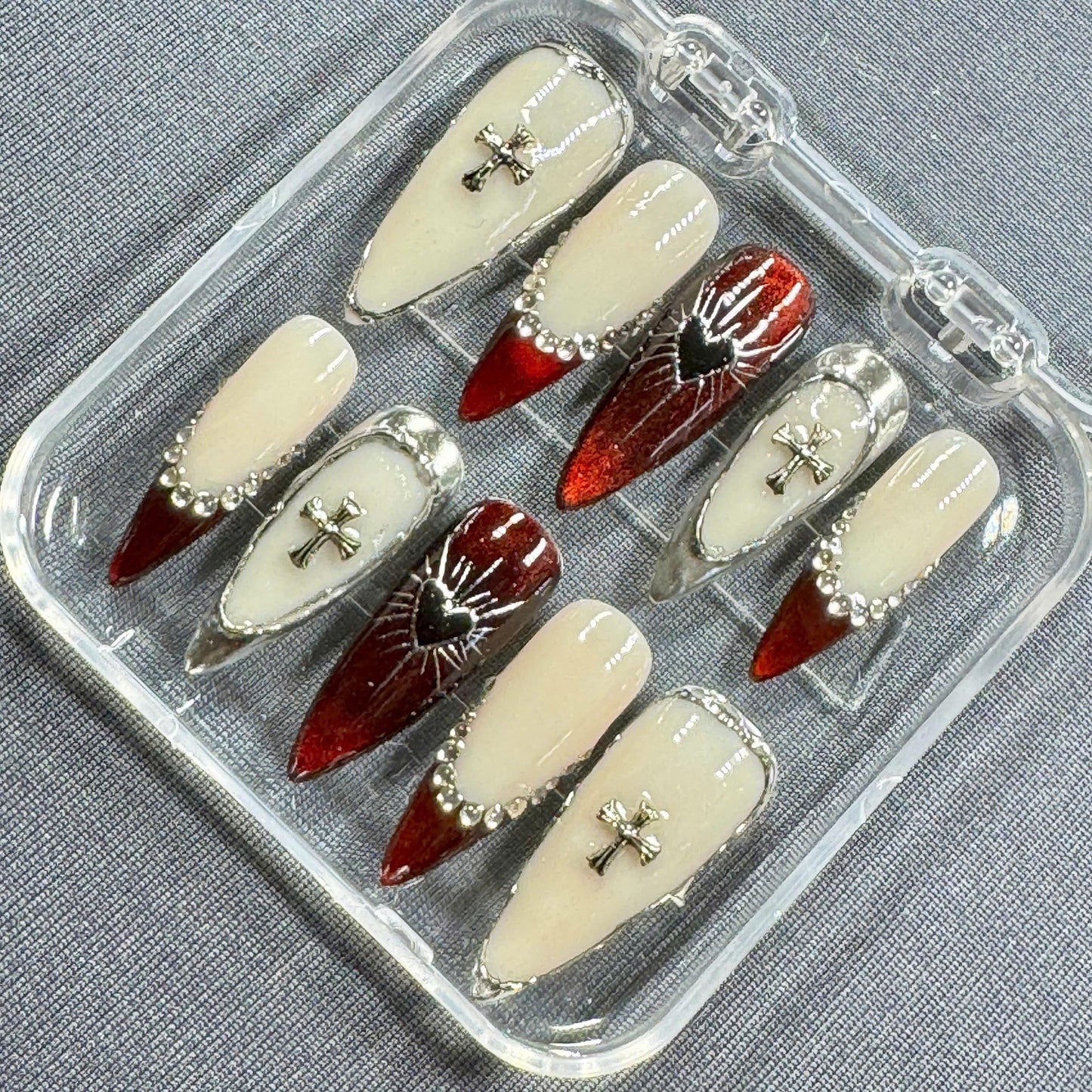 Crimson Faith Press-On Nails – Red Chrome French Tips with Cross Charms Black Heart Accent and Silver Beads | Handmade Gothic Nails