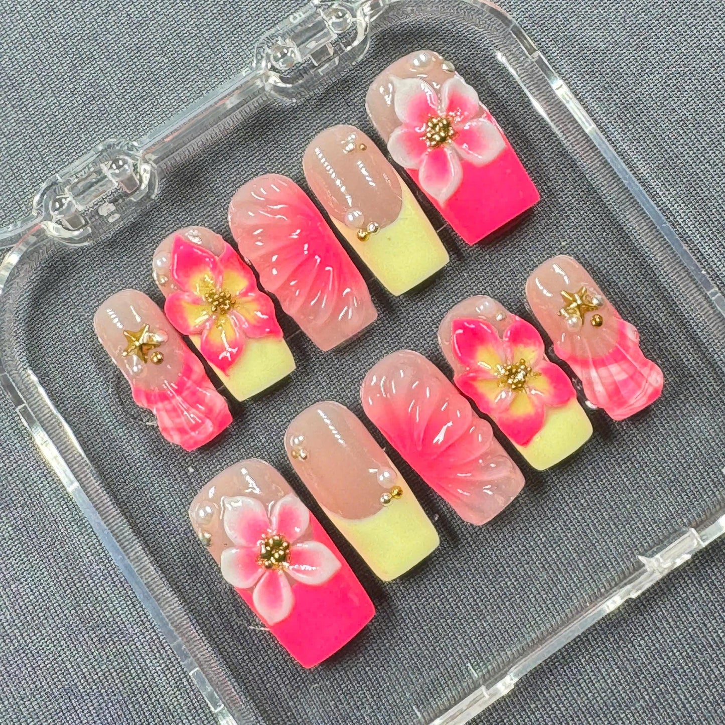 Tropical Bloom Press On Nails – Pink Petals with Sunset Yellow Glow | Gift for Her