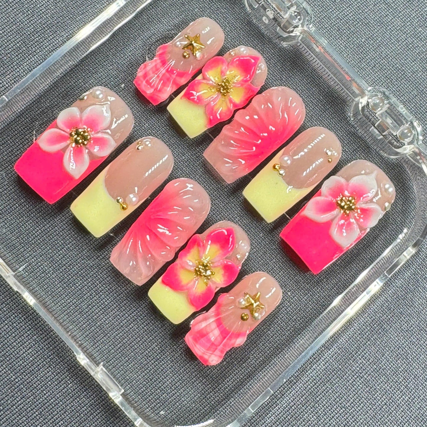 Tropical Bloom Press On Nails – Pink Petals with Sunset Yellow Glow | Gift for Her